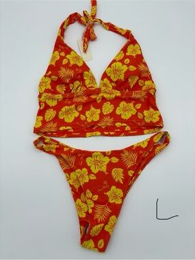 Red & Yellow Floral Halter Bikini Top and Briefs NWT